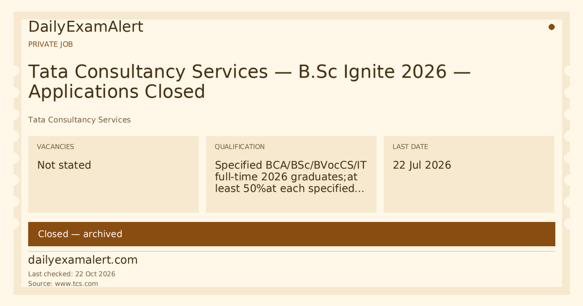 Tata Consultancy Services — B.Sc Ignite 2026 — Applications Closed — private job summary