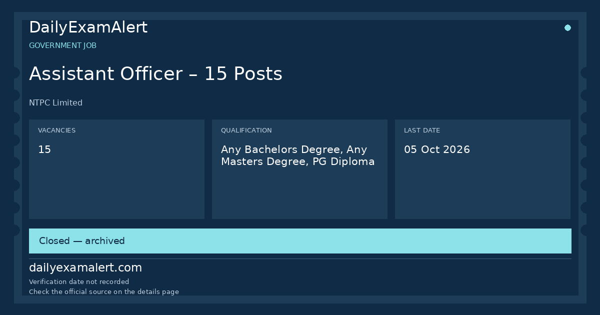Assistant Officer – 15 Posts — government job summary