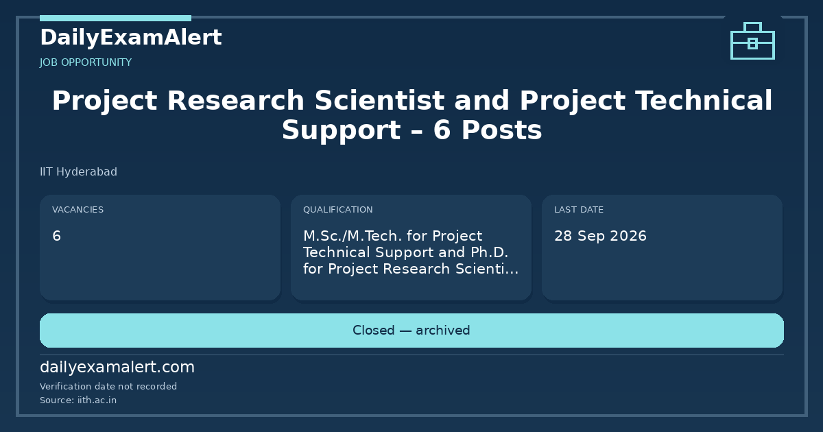 Project Research Scientist and Project Technical Support – 6 Posts — job opportunity summary