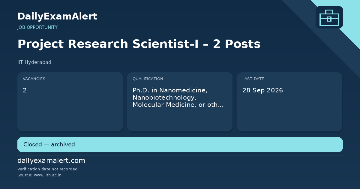 Project Research Scientist-I – 2 Posts — job opportunity summary