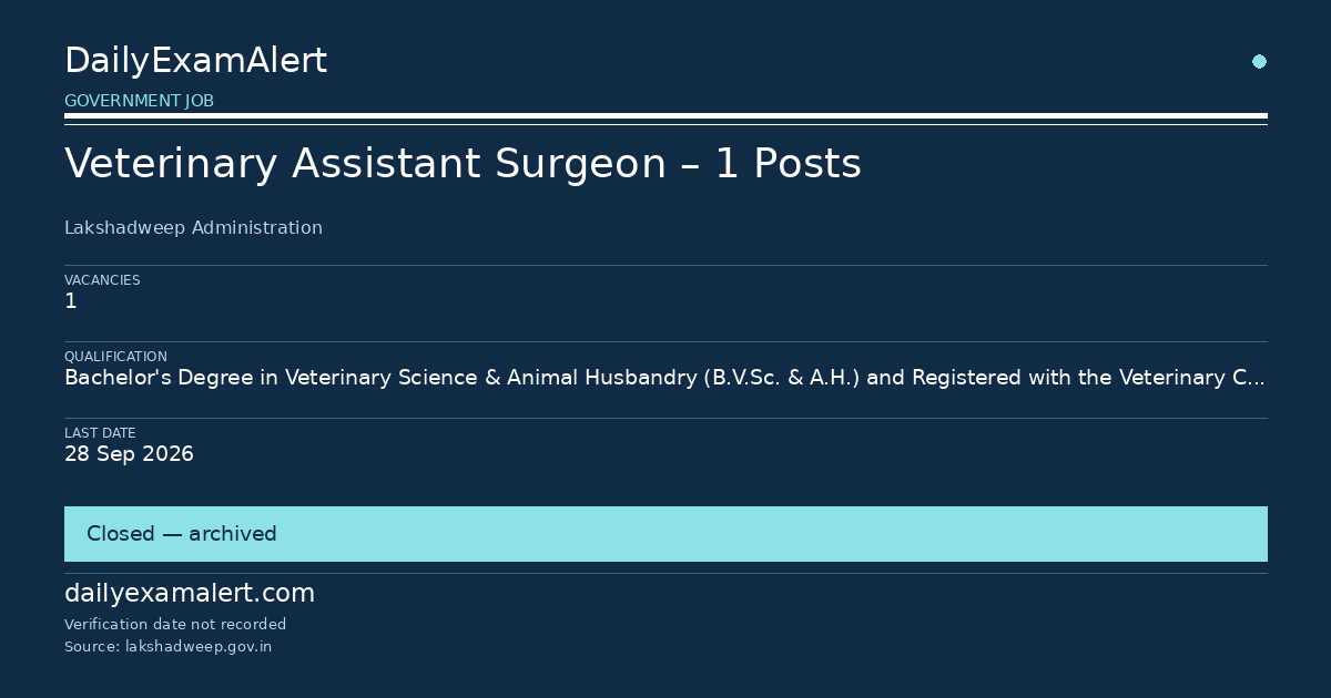 Veterinary Assistant Surgeon – 1 Posts — government job summary