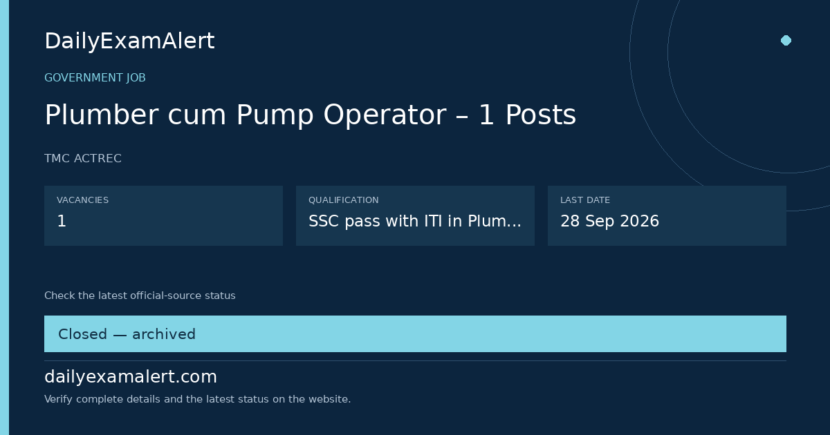 Plumber cum Pump Operator – 1 Posts — government job summary