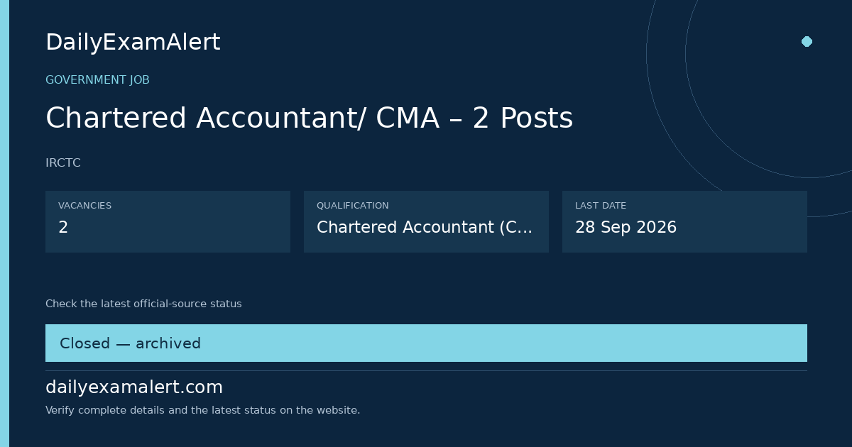 Chartered Accountant/ CMA – 2 Posts — government job summary