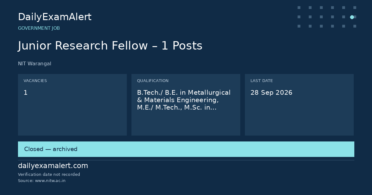 Junior Research Fellow – 1 Posts — government job summary