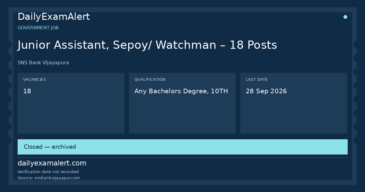Junior Assistant, Sepoy/ Watchman – 18 Posts — government job summary