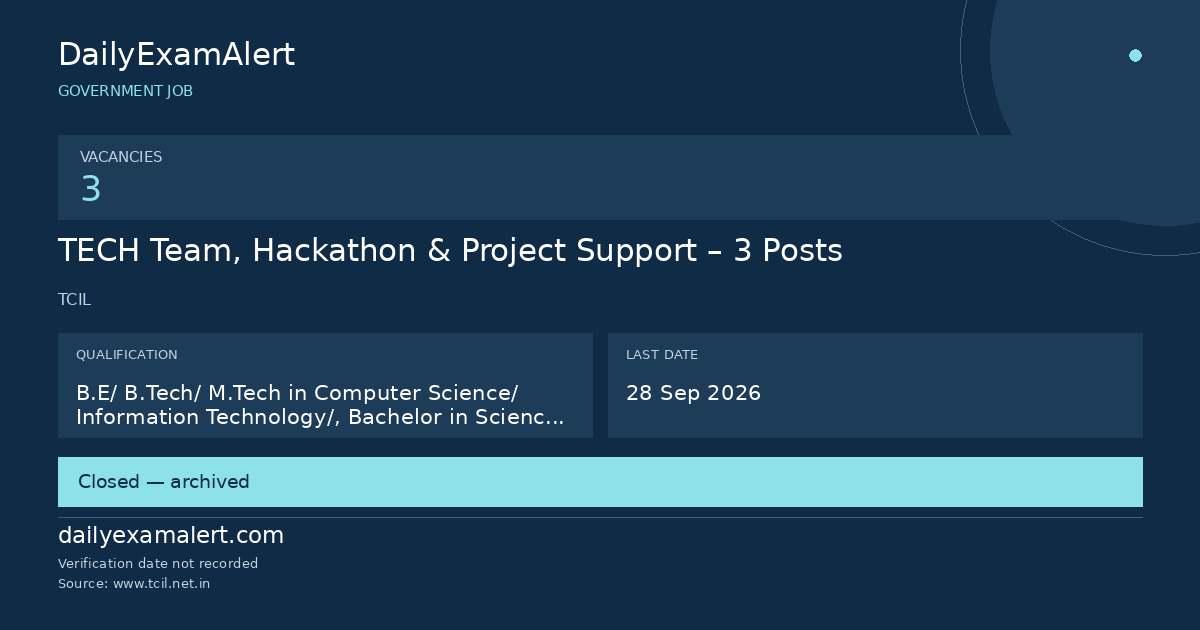TECH Team, Hackathon & Project Support – 3 Posts — government job summary