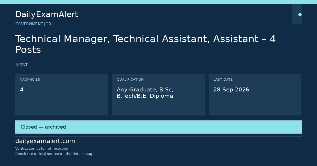 Technical Manager, Technical Assistant, Assistant – 4 Posts — government job summary