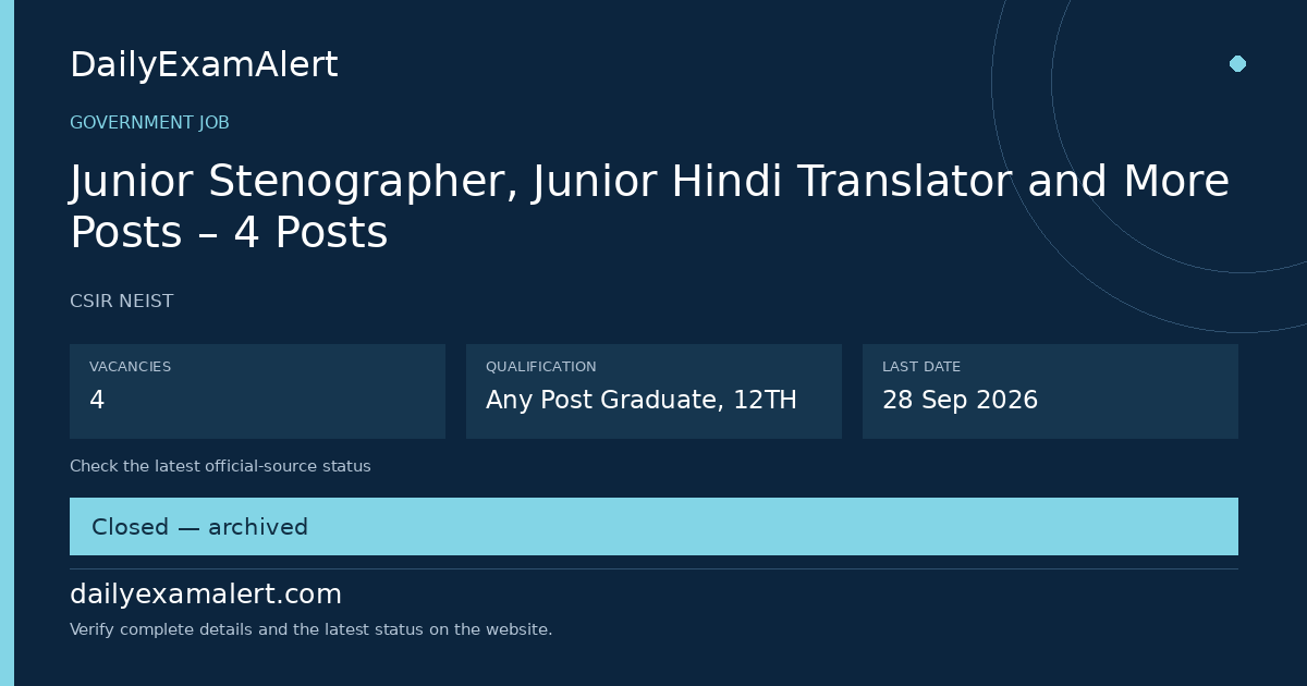 Junior Stenographer, Junior Hindi Translator and More Posts – 4 Posts — government job summary