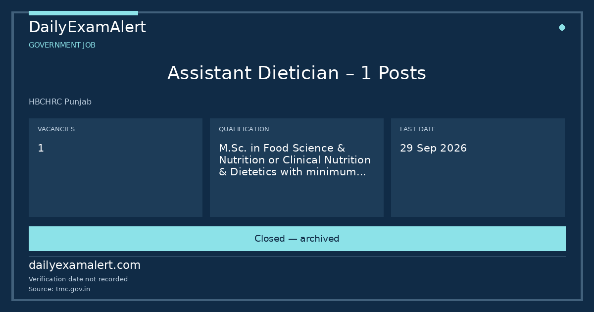 Assistant Dietician – 1 Posts — government job summary