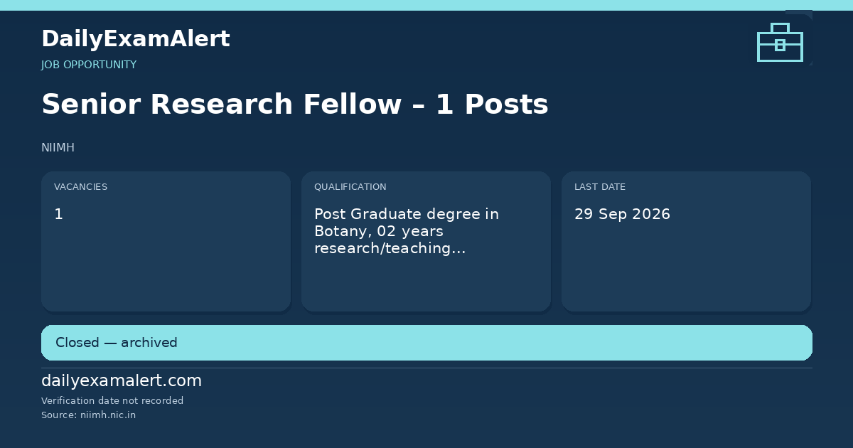 Senior Research Fellow – 1 Posts — job opportunity summary