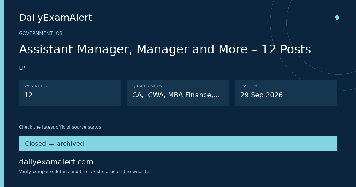 Assistant Manager, Manager and More – 12 Posts — government job summary