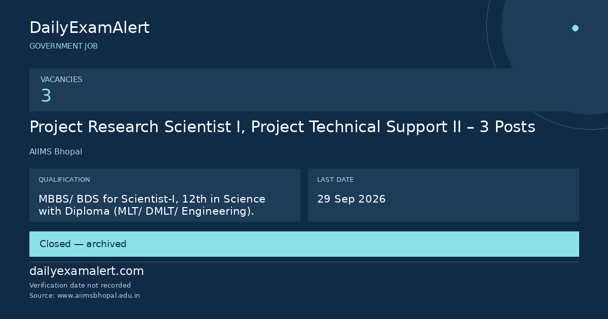 Project Research Scientist I, Project Technical Support II – 3 Posts — government job summary