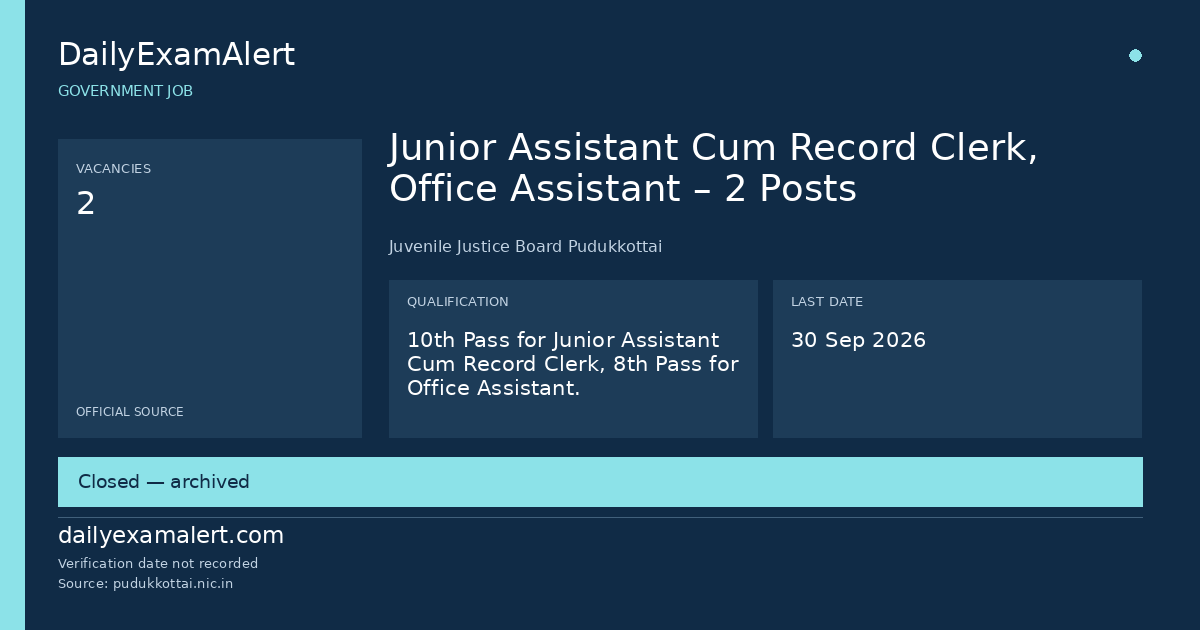 Junior Assistant Cum Record Clerk, Office Assistant – 2 Posts — government job summary