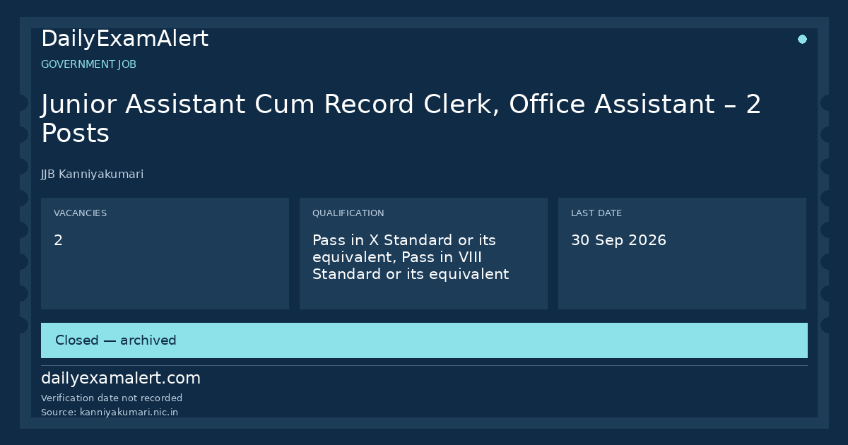 Junior Assistant Cum Record Clerk, Office Assistant – 2 Posts — government job summary