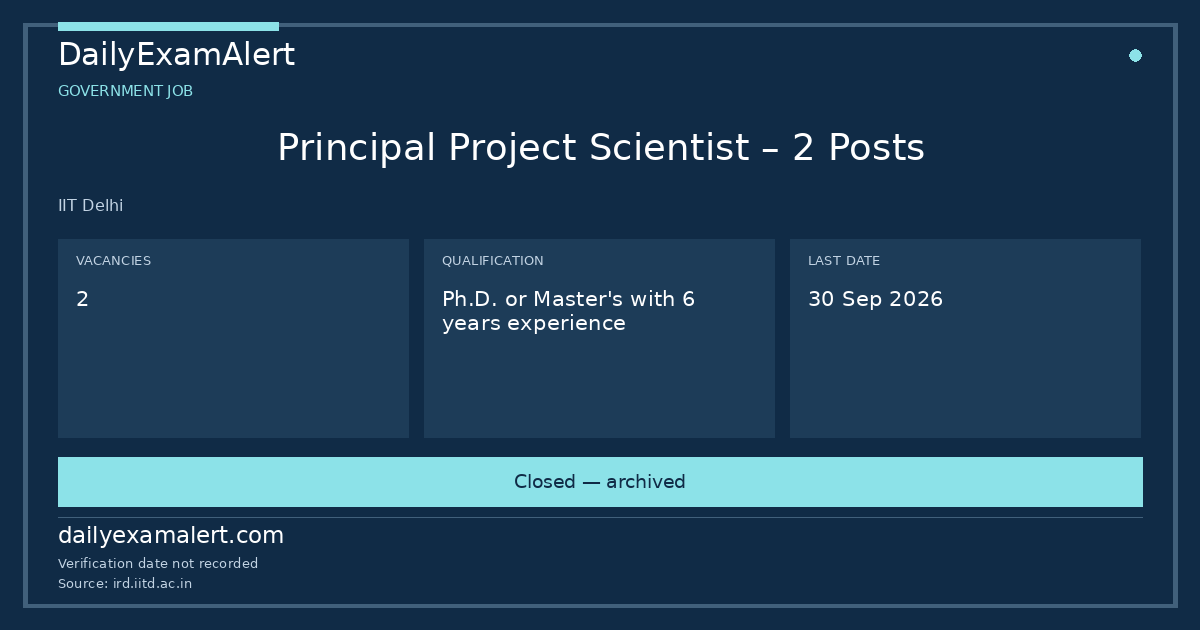 Principal Project Scientist – 2 Posts — government job summary