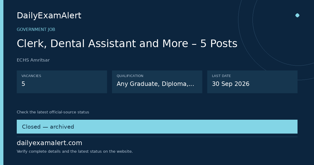 Clerk, Dental Assistant and More – 5 Posts — government job summary