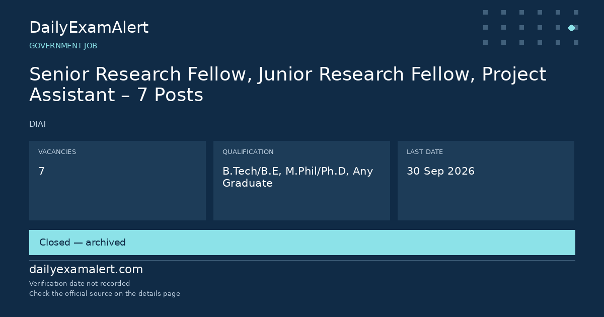 Senior Research Fellow, Junior Research Fellow, Project Assistant – 7 Posts — government job summary