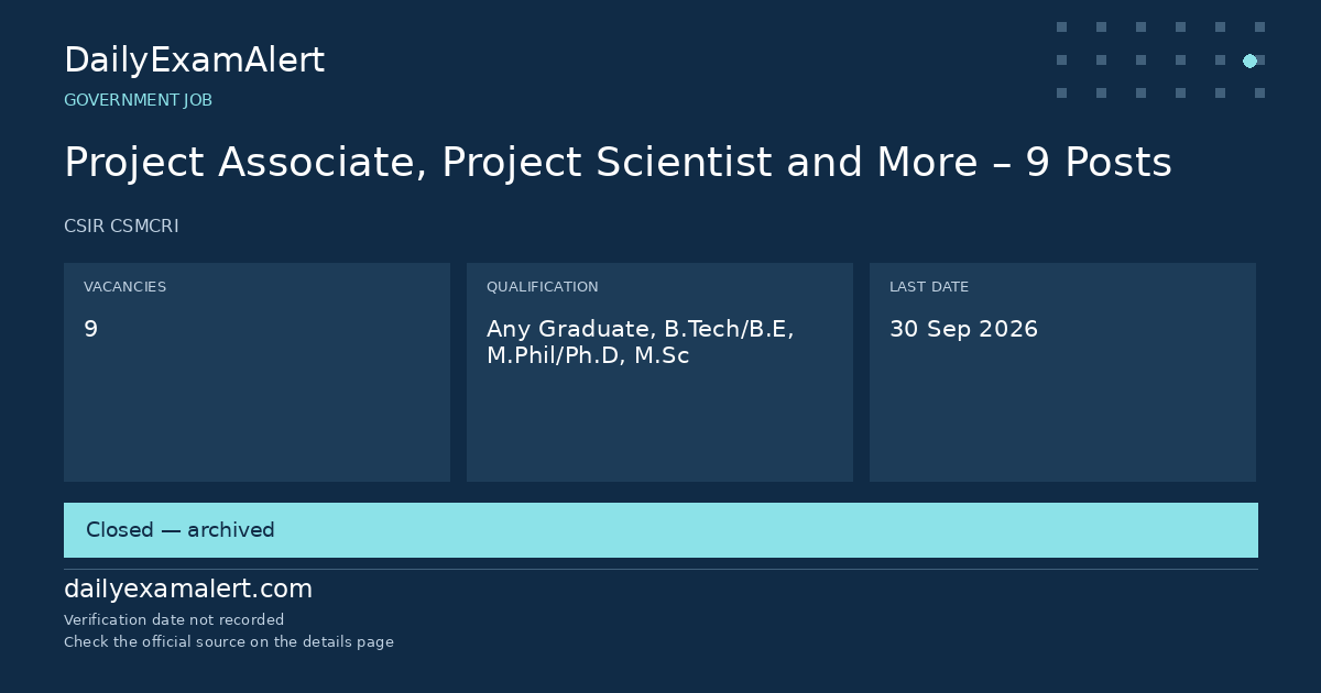 Project Associate, Project Scientist and More – 9 Posts — government job summary