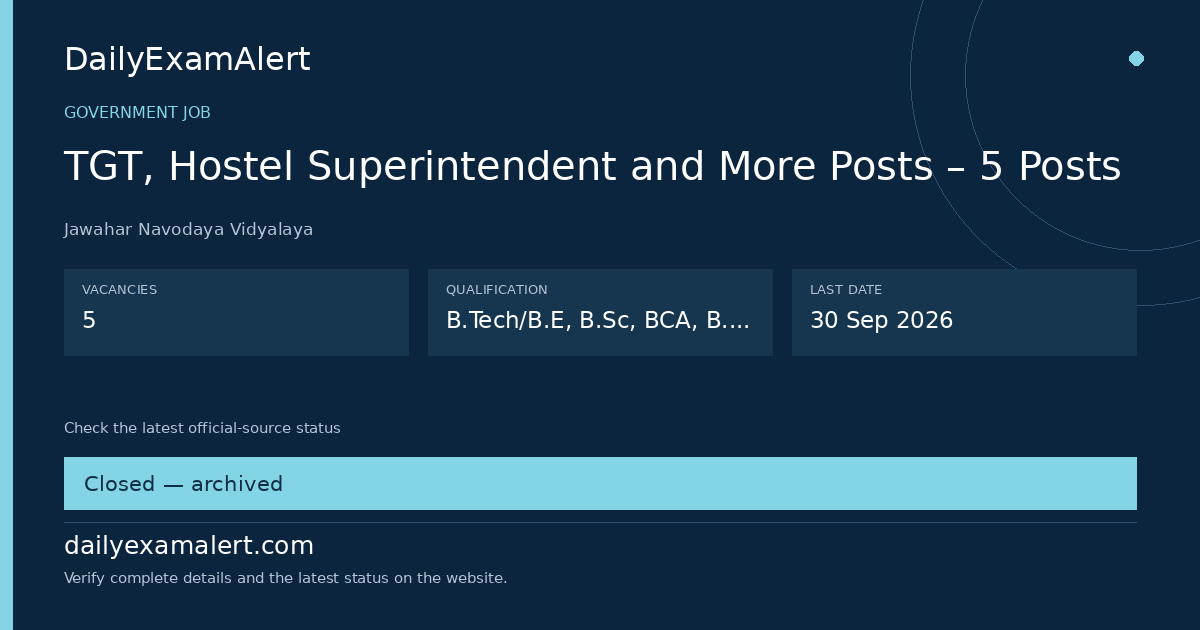 TGT, Hostel Superintendent and More Posts – 5 Posts — government job summary