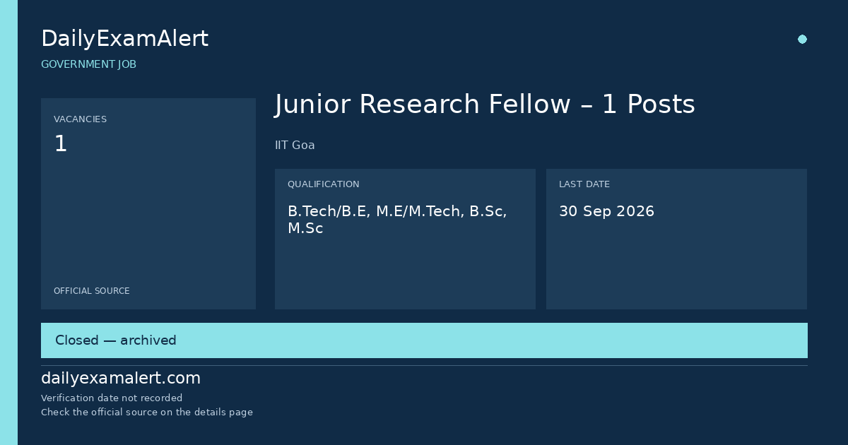 Junior Research Fellow – 1 Posts — government job summary