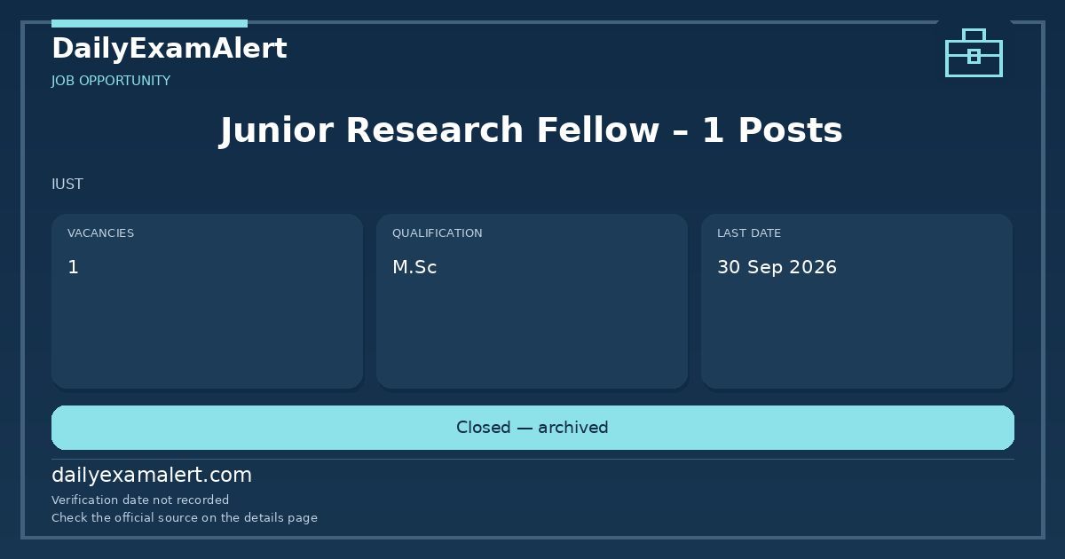 Junior Research Fellow – 1 Posts — job opportunity summary