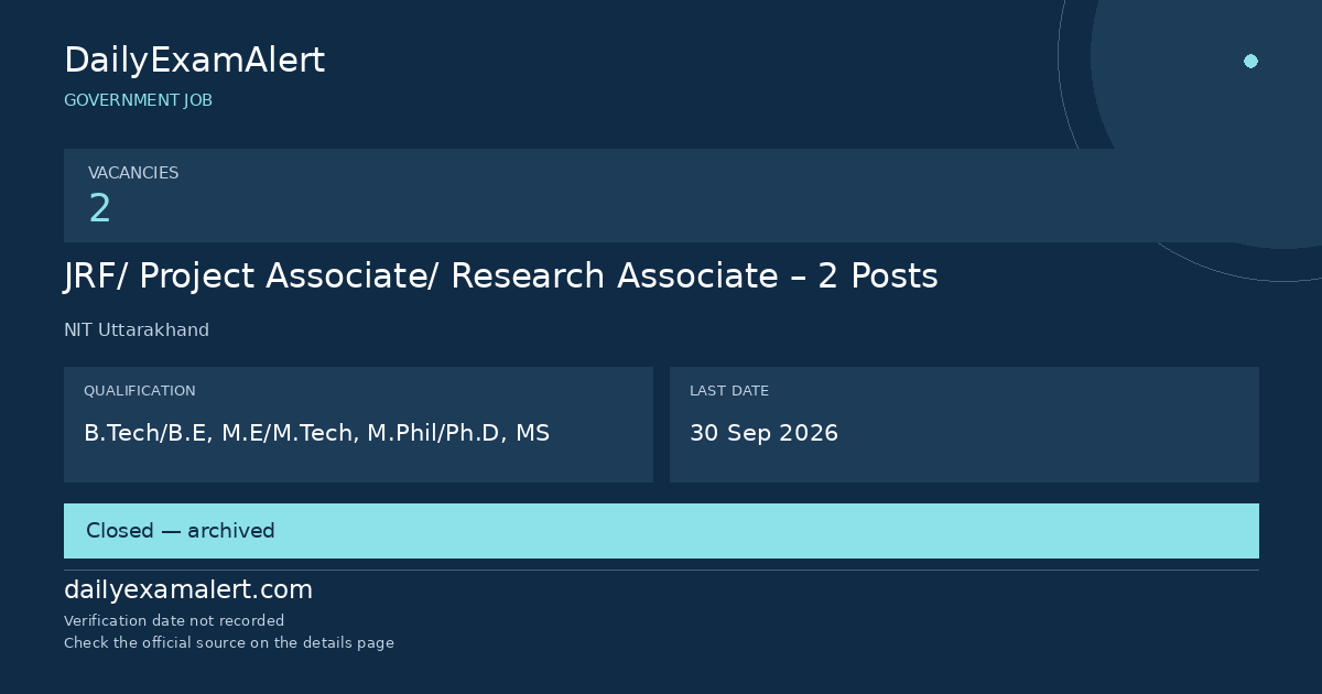 JRF/ Project Associate/ Research Associate – 2 Posts — government job summary