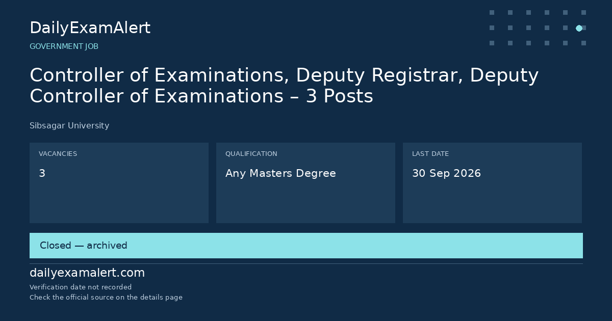 Controller of Examinations, Deputy Registrar, Deputy Controller of Examinations – 3 Posts — government job summary
