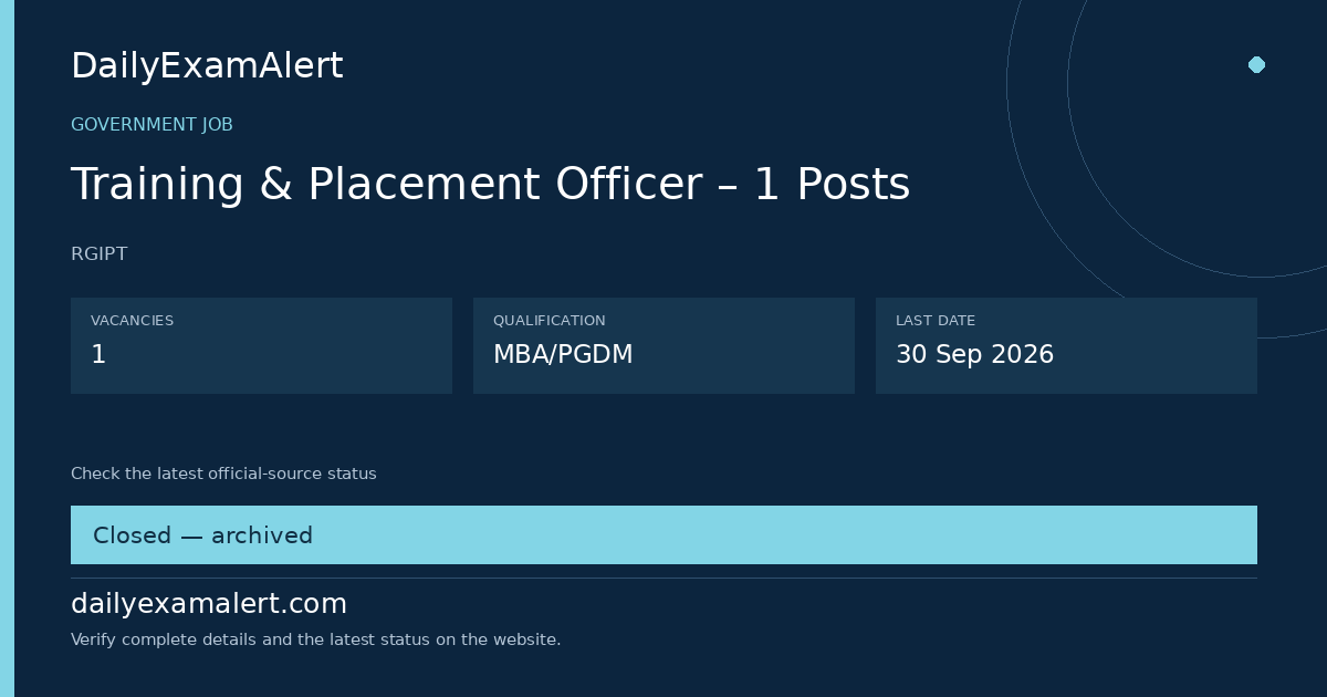 Training & Placement Officer – 1 Posts — government job summary