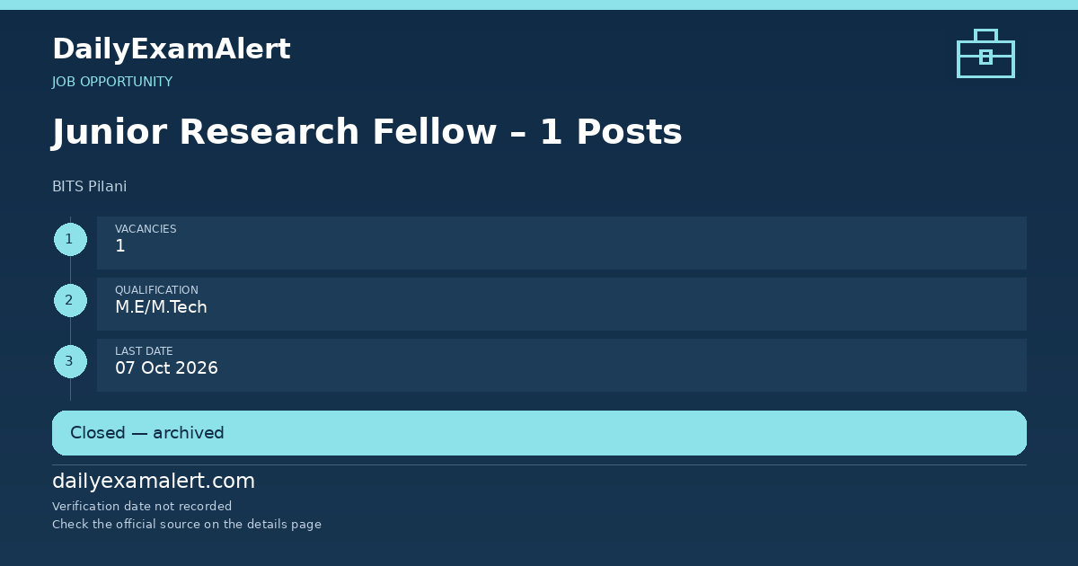 Junior Research Fellow – 1 Posts — job opportunity summary