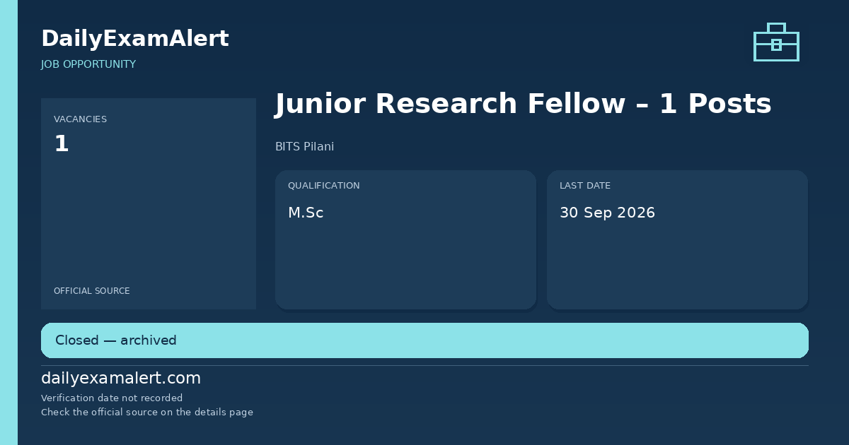 Junior Research Fellow – 1 Posts — job opportunity summary