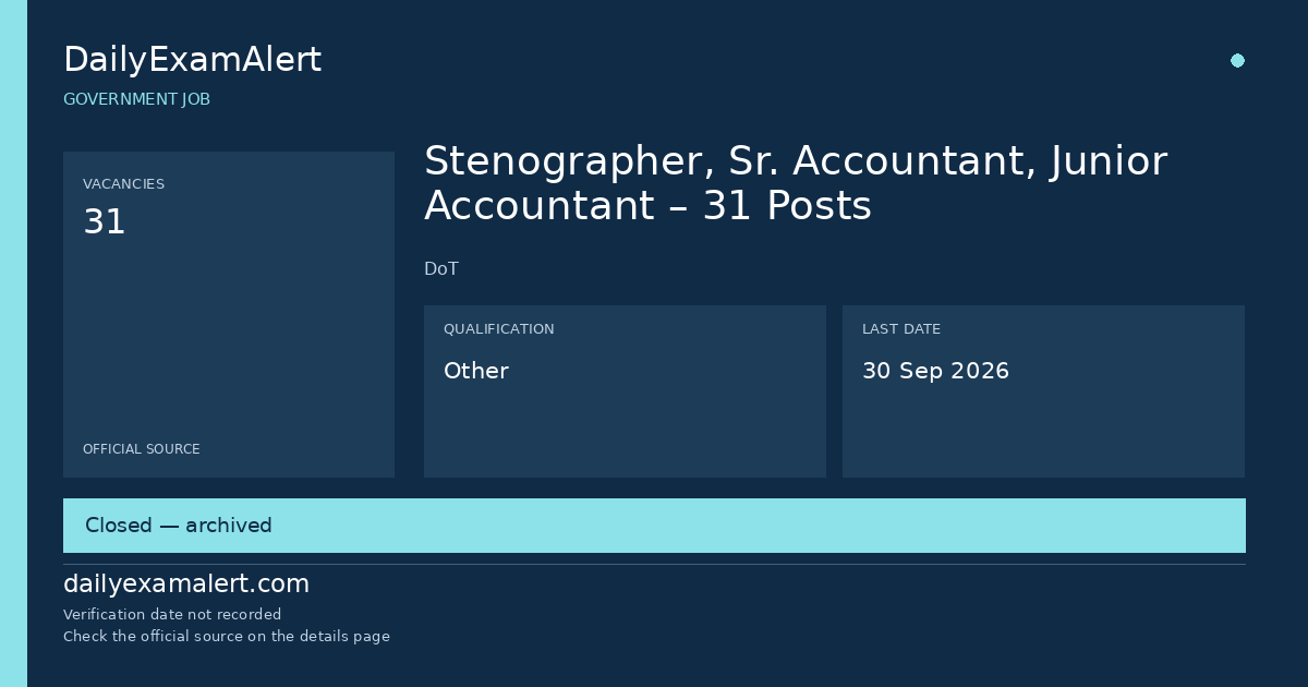 Stenographer, Sr. Accountant, Junior Accountant – 31 Posts — government job summary