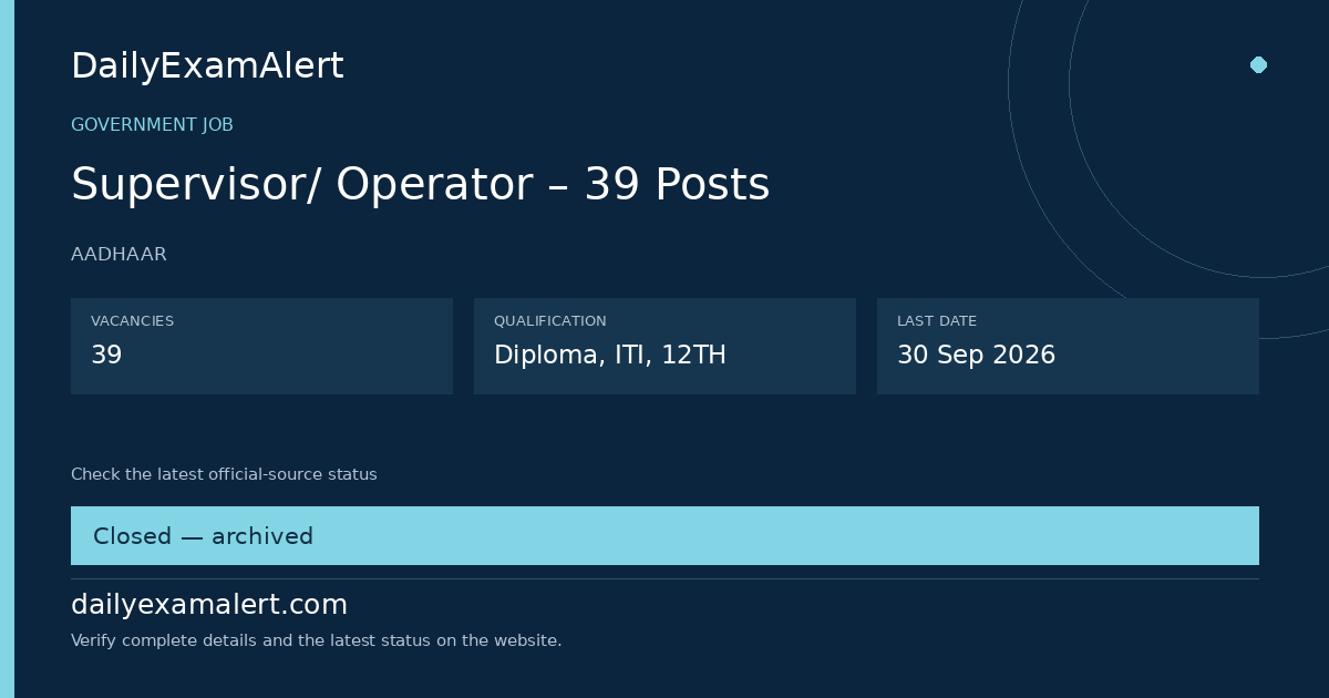 Supervisor/ Operator – 39 Posts — government job summary