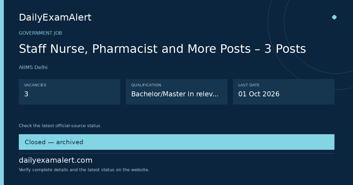 Staff Nurse, Pharmacist and More Posts – 3 Posts — government job summary