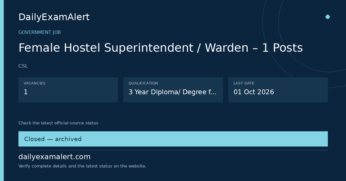 Female Hostel Superintendent / Warden – 1 Posts — government job summary