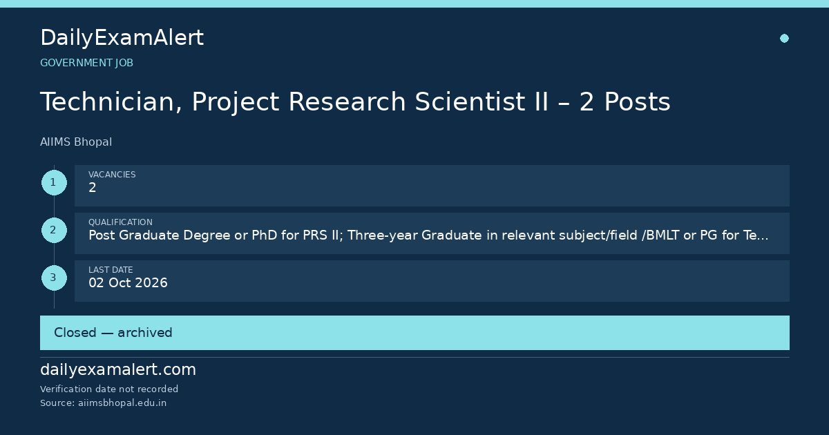 Technician, Project Research Scientist II – 2 Posts — government job summary
