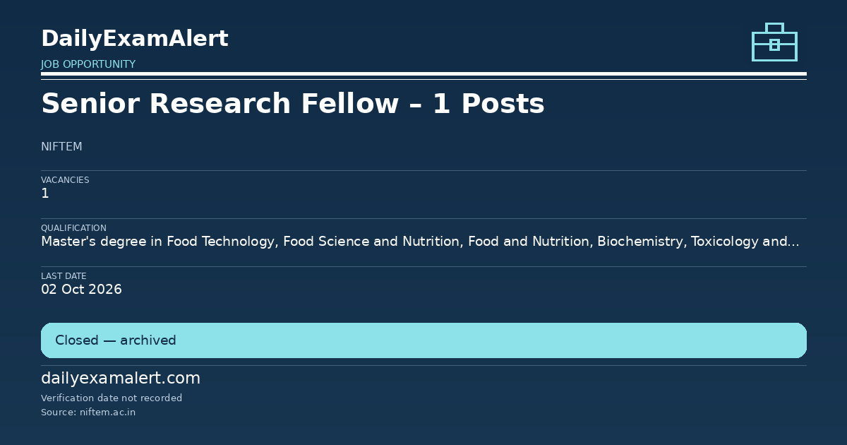 Senior Research Fellow – 1 Posts — job opportunity summary