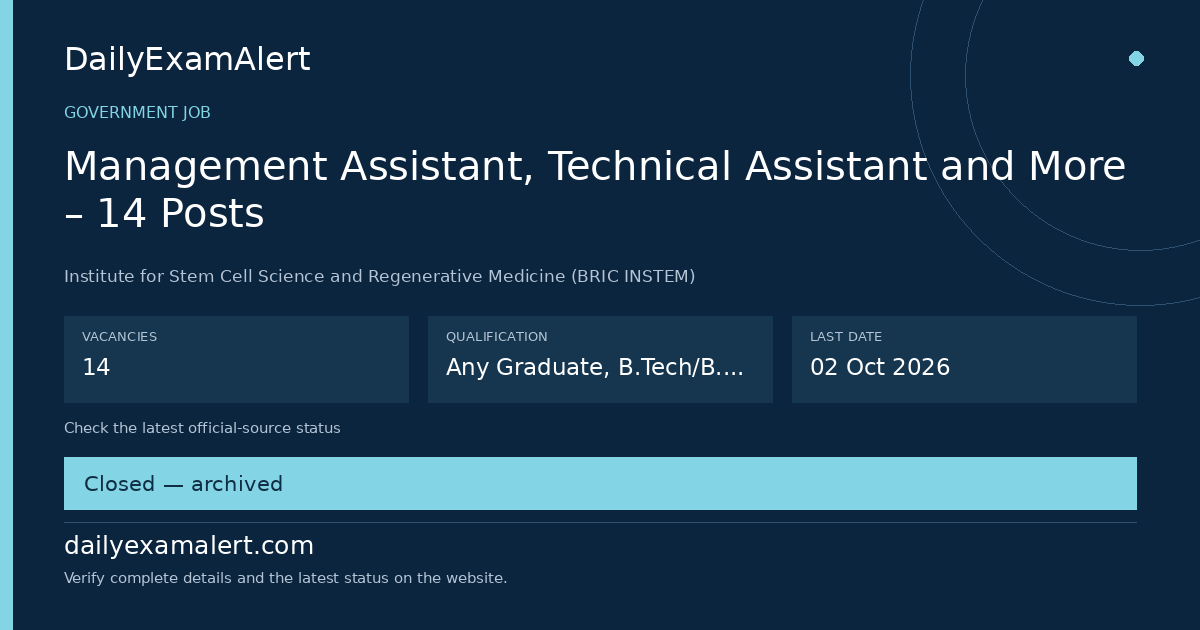 Management Assistant, Technical Assistant and More – 14 Posts — government job summary