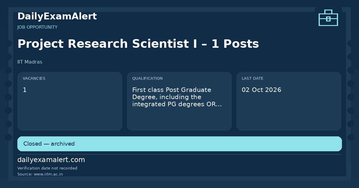 Project Research Scientist I – 1 Posts — job opportunity summary