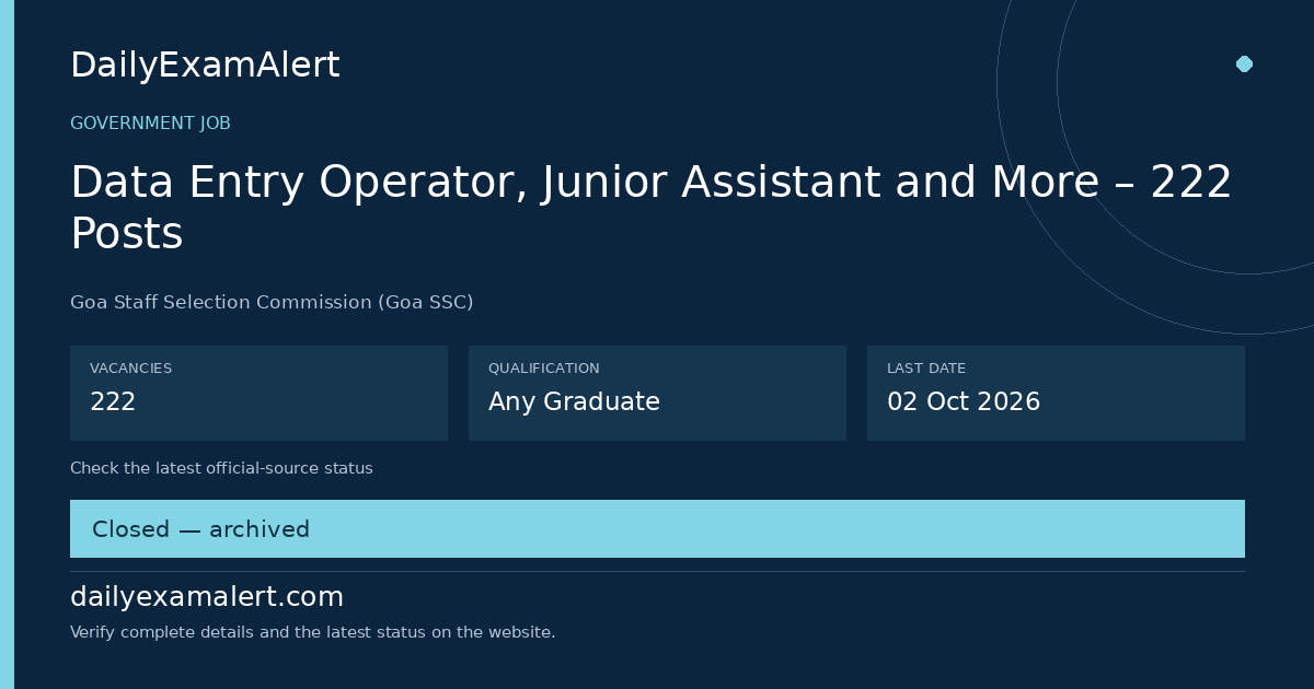 Data Entry Operator, Junior Assistant and More – 222 Posts — government job summary