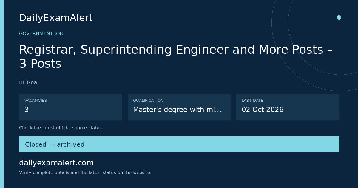 Registrar, Superintending Engineer and More Posts – 3 Posts — government job summary
