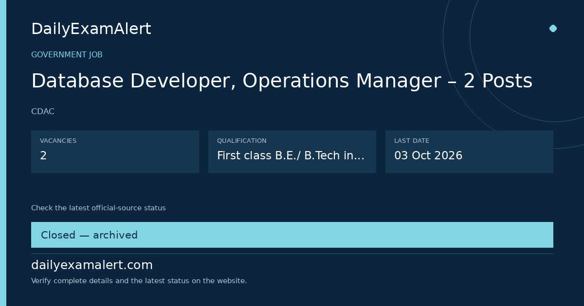 Database Developer, Operations Manager – 2 Posts — government job summary