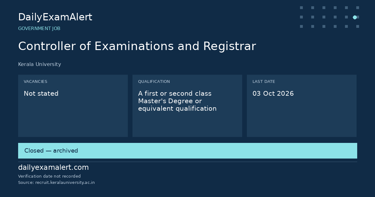 Controller of Examinations and Registrar — government job summary