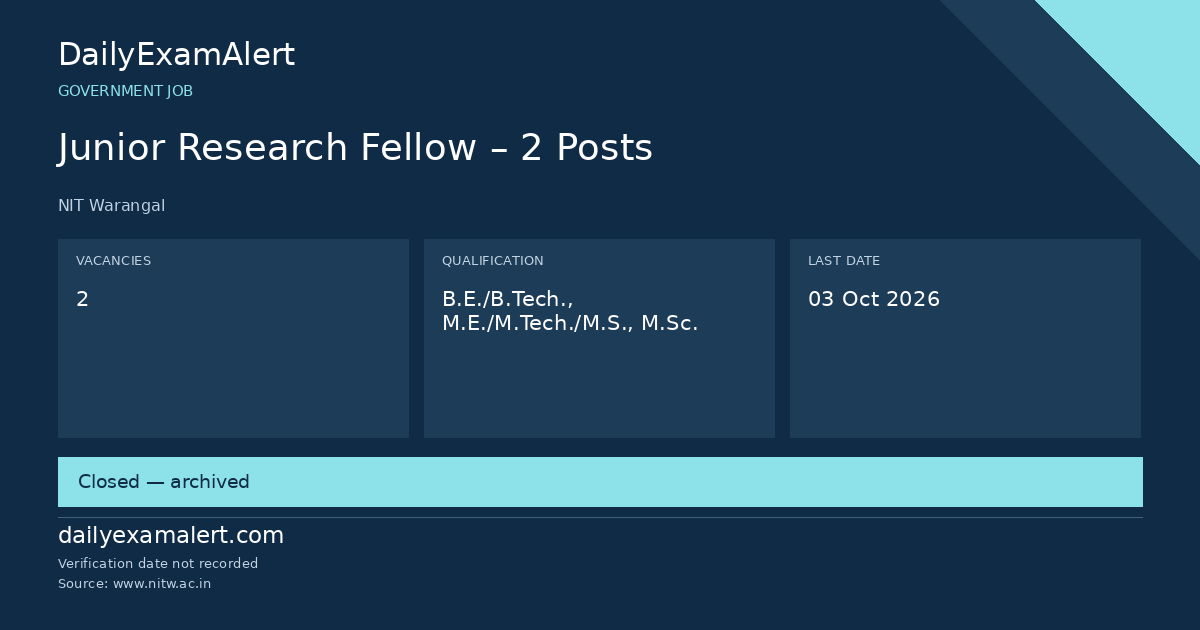 Junior Research Fellow – 2 Posts — government job summary